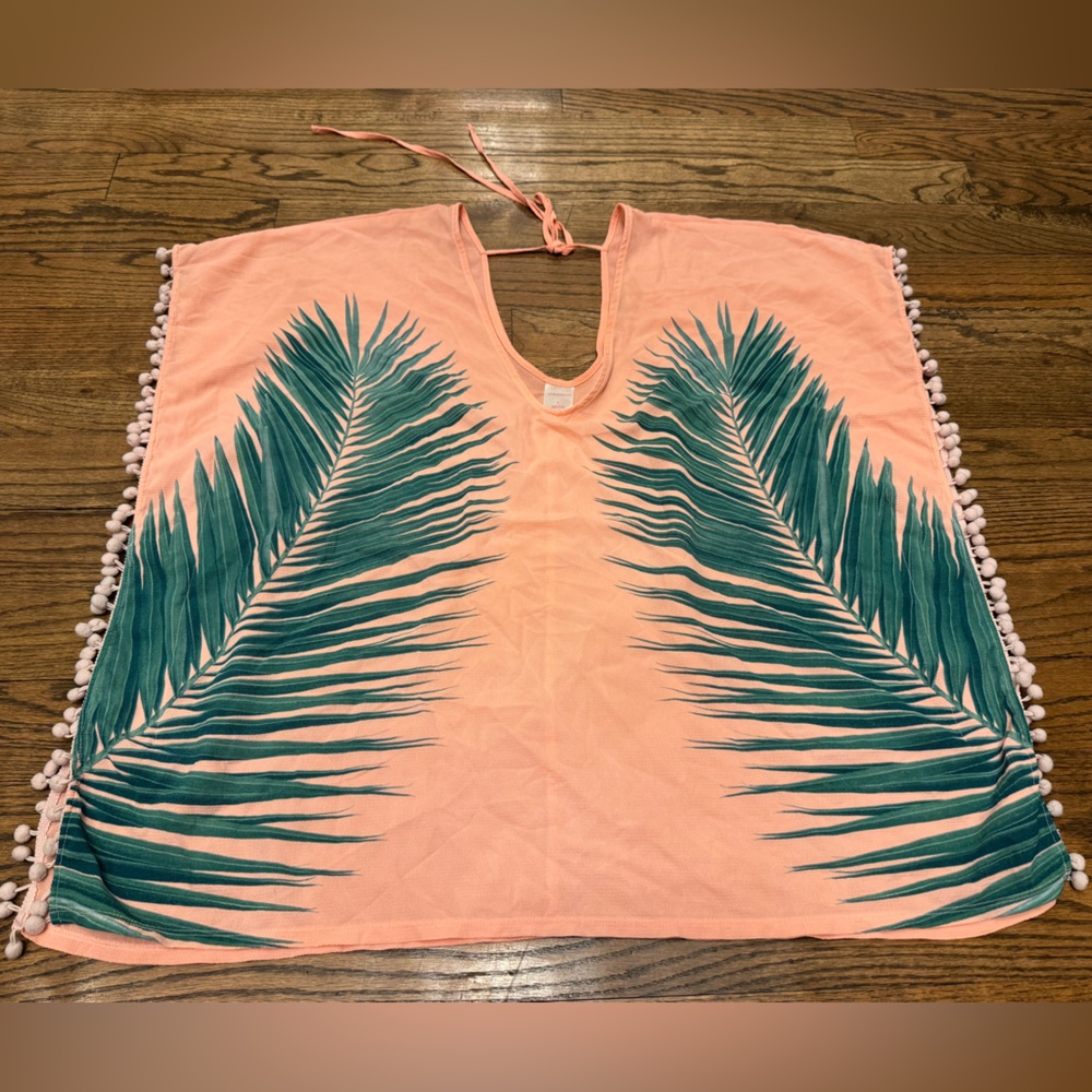 Xhilaration Coral and Green Palm Swim Cover-Up, Large
